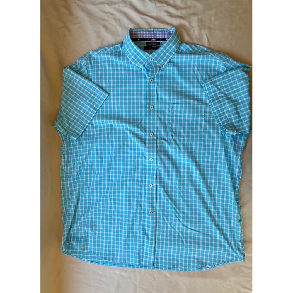 Cremieux Club 38 Performance Mens XL Teal Gingham Short Sleeve Button Down Shirt